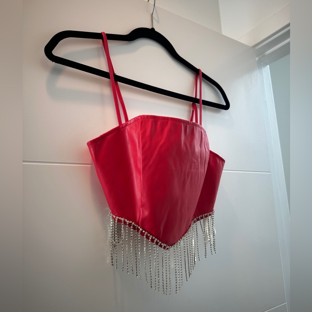 Trendy & Tipsy Red Rhinestone Fringe Crop Top Festival Going Out | NWT Size S - Picture 9 of 14